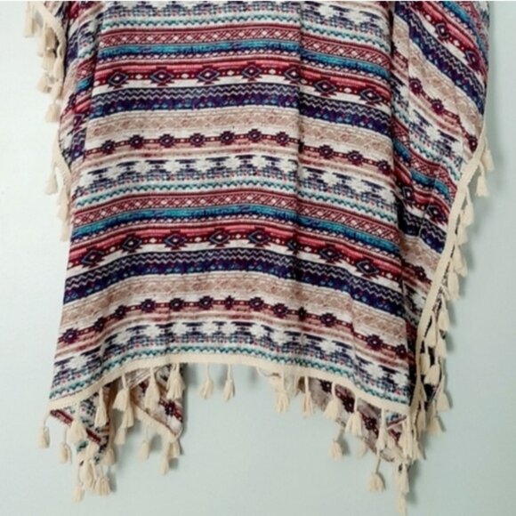KISMET Light Boho Colorful Patterned Kimono Poncho Fringe Trim Southwestern OS - Picture 9 of 13
